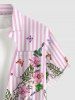 Chemise hawaïenne pour homme à imprimé fleurs, feuilles, papillons et rayures, avec boutons et poche - Rose clair 5XL