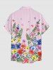Flowers Leaf Butterfly Stripes Print Buttons Pocket Hawaii Shirt For Men -  