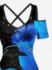 Flowers Leaf Glitter 3D Print Cold Shoulder Crisscross Hawaii Maxi Dress -  