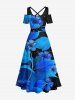 Flowers Leaf Glitter 3D Print Cold Shoulder Crisscross Hawaii Maxi Dress -  