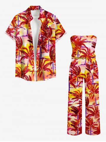Tenue de plage hawaïenne assortie pour couple à imprimé cocotier et ciel coloré - RED