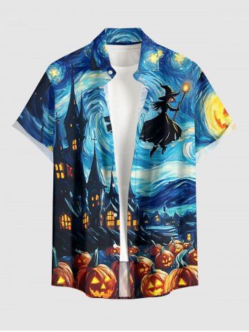 Halloween Painting Pumpkin Castle Wizard Galaxy Print Button Pocket Shirt For Men - DEEP BLUE - 3XL