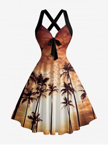 Coconut Tree Ombre Sky Print Hawaii Halter  Crisscross Strappy A Line Dress - BROWN - M