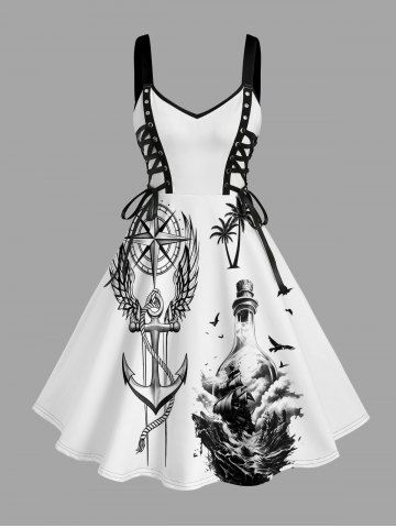 Coconut Tree Anchor Sea Waves Ship Cruise Print Lace Up Grommets Hawaii Tank Dress - WHITE - XXS