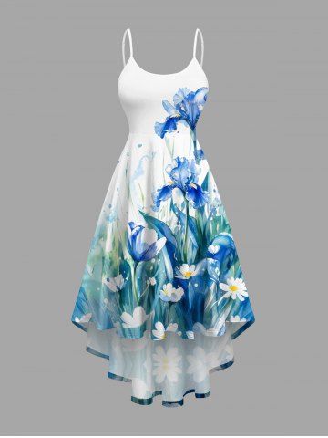 Flower Leaf Watercolor Painting Print High Low Hawaii Cami Dress - SKY BLUE - 2X