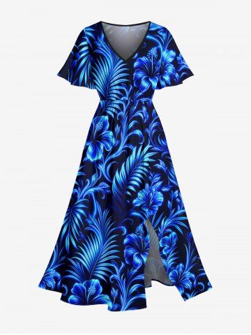 Robe midi hawaïenne à fente avec impression 3D pailletée de fleurs d'hibiscus et de feuilles tropicales - BLUE - 3X