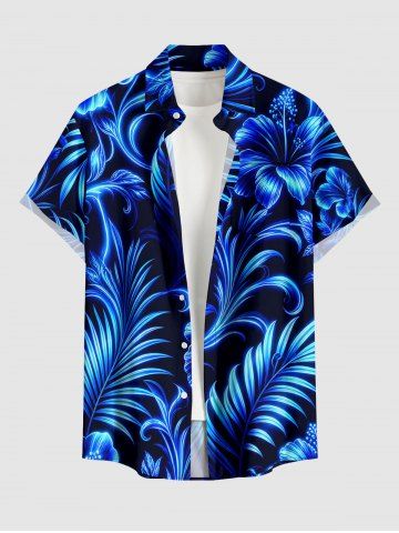 Chemise hawaïenne pour homme à imprimé 3D pailleté fleurs d'hibiscus et feuilles tropicales, avec boutons et poche - BLUE - L