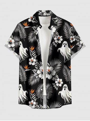Halloween Tropical Leaf Hibiscus Flower Ghost Print Hawaii Button Pocket Shirt For Men - BLACK - S