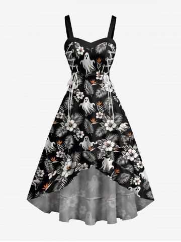 Halloween Tropical Leaf Hibiscus Flower Ghost Print Hawaii Lace Up Asymmetric Dress - BLACK - M