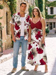 Flower Leaf Print Matching Hawaii Beach Outfit For Couples -  