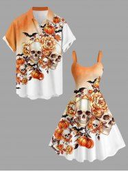 Tenue assortie pour couple avec imprimé crânes, fleurs, citrouilles et chauves-souris d'Halloween - Orange 