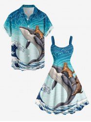Whale Cat Sea Waves Print Matching Hawaii Beach Outfit For Couples -  