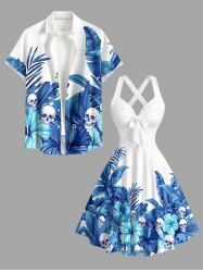Skulls Flowers Tropical Leaf Print Matching Hawaii Beach Outfit For Couples -  