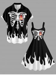 Tenue assortie d'Halloween pour couple à imprimé colorblock squelette et flammes - Noir 