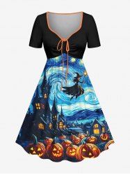 Robe trapèze cintrée à imprimé Halloween peinture citrouille château magicien galaxie - Bleu profond 1X