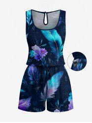 Flower Ombre Feather Print Hawaii Drawstring Pocket Romper -  