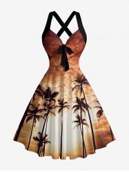 Coconut Tree Ombre Sky Print Hawaii Halter  Crisscross Strappy A Line Dress -  