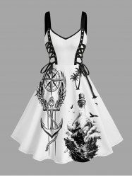 Coconut Tree Anchor Sea Waves Ship Cruise Print Lace Up Grommets Hawaii Tank Dress -  