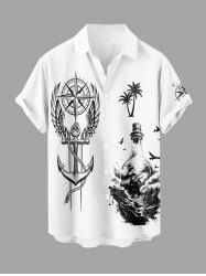Chemise hawaïenne pour homme à imprimé cocotier, ancre, vagues, bateau de croisière, avec boutons et poche - Blanc 3XL