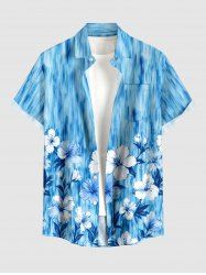 Chemise hawaïenne pour homme à imprimé ombré fleurs et feuilles, avec boutons et poche - Bleu Toile de Jean XL