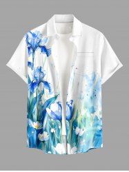 Chemise hawaïenne pour homme, imprimé aquarelle de fleurs et feuilles, à boutons et poche - Bleu Ciel 2XL