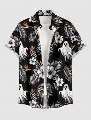 Halloween Tropical Leaf Hibiscus Flower Ghost Print Hawaii Button Pocket Shirt For Men -  