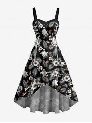 Robe asymétrique à lacets Hawaii à imprimé Halloween : feuilles tropicales, fleurs d'hibiscus et fantômes - Noir XS