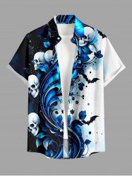 Chemise homme Halloween à imprimé courbe crânes, fleurs et chauves-souris avec poche boutonnée - Bleu profond 6XL