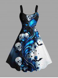 Robe trapèze d'Halloween à imprimé crânes, fleurs, chauves-souris et courbes - Bleu profond XS