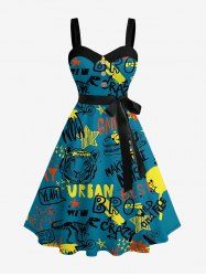 Robe trapèze à boutons, à imprimé hawaïen graffiti dinosaure tigre lettres, avec ceinture amovible. - Paon Bleu M
