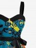 Robe trapèze à boutons, à imprimé hawaïen graffiti dinosaure tigre lettres, avec ceinture amovible. - Paon Bleu M