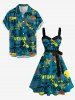 Robe trapèze à boutons, à imprimé hawaïen graffiti dinosaure tigre lettres, avec ceinture amovible. - Paon Bleu M