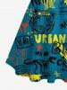 Robe trapèze à boutons, à imprimé hawaïen graffiti dinosaure tigre lettres, avec ceinture amovible. - Paon Bleu M