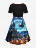 Robe trapèze cintrée à imprimé Halloween Peinture Citrouille Château Sorcier Galaxie - Bleu profond 5X
