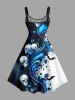 Robe trapèze d'Halloween à imprimé crânes, fleurs, chauves-souris et courbes - Bleu profond XS