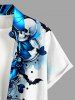 Chemise homme Halloween à imprimé courbe de crânes, fleurs et chauves-souris, avec boutons et poche - Bleu profond S