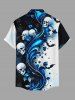 Chemise homme Halloween à imprimé courbe crânes, fleurs et chauves-souris avec poche boutonnée - Bleu profond 6XL