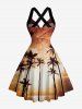 Coconut Tree Ombre Sky Print Hawaii Halter  Crisscross Strappy A Line Dress -  