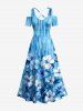 Robe maxi Hawaï à imprimé ombré fleurs et feuilles, épaules dénudées avec bretelles croisées - Bleu Toile de Jean 1X
