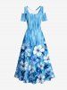 Robe maxi Hawaï à imprimé ombré fleurs et feuilles, épaules dénudées avec bretelles croisées - Bleu Toile de Jean 1X