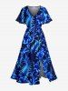 Robe midi hawaïenne à fente avec impression 3D de fleurs d'hibiscus, feuilles tropicales et paillettes - Bleu XS