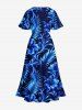 Robe midi hawaïenne à fente avec impression 3D de fleurs d'hibiscus, feuilles tropicales et paillettes - Bleu XS