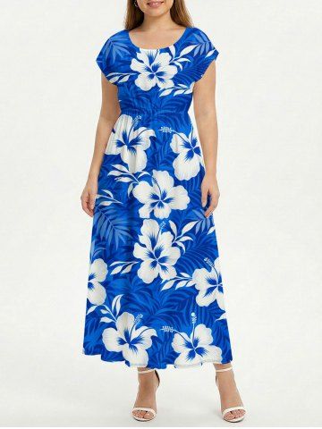 Hibiscus Flower Tropical Leaf Print Drop Shoulder Hawaii Midi Dress - BLUE - 6X