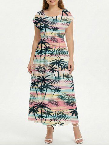 Coconut Tree Tropical Leaf Colorful Cloud Print Drop Shoulder Hawaii Midi Dress - LIGHT PINK - 4X