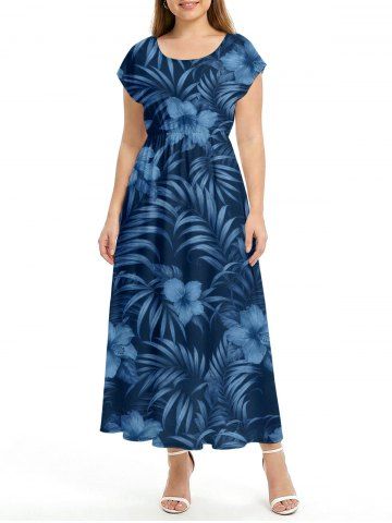 Hibiscus Flower Tropical Leaf Print Drop Shoulder Hawaii Midi Dress - DEEP BLUE - XXS