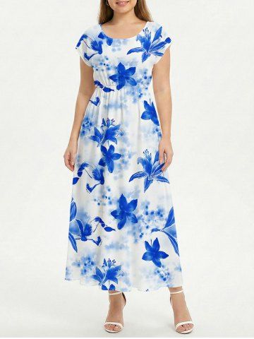 Flowers Watercolor Print Drop Shoulder Hawaii Midi Dress