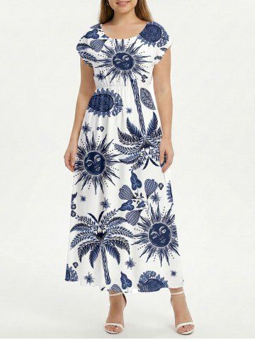 Coconut Tree Sun Paisley Flower Print Hawaii A Line Dress - DEEP BLUE - 6X