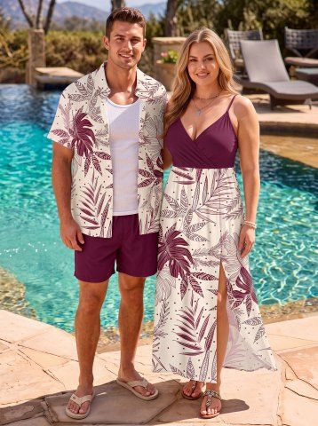 Tenue de plage hawaïenne assortie pour couple à imprimé de branches et de feuilles tropicales