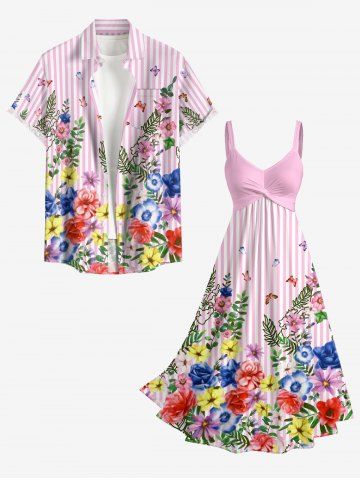 Tenue assortie de plage hawaïenne pour couple, avec imprimé fleurs, feuilles, papillons et rayures