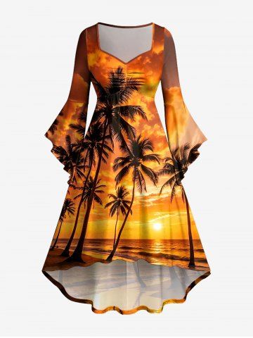 Coconut Tree Ombre Dusk Sunset Print Hawaii Ruched High Low Asymmetric Dress - ORANGE - 3X